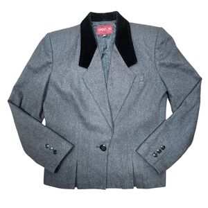 Vintage 80s Gray Wool Blazer 10 Velvet Collar Pleated Peplum Tailored Corporate